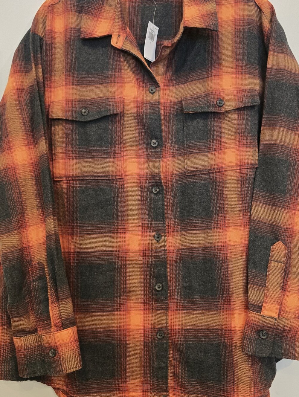Women's L Plaid Flannel Shirt Orange/Charcoal